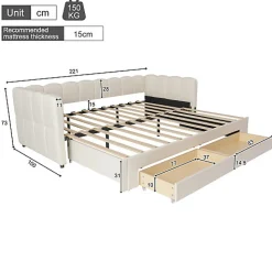 Canapé-lit capitonné 90x200cm - lit gigogne - 2 tiroirs - port USB - tissu chenille - beige (matelas non inclus)