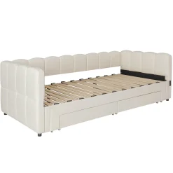 Canapé-lit capitonné 90x200cm - lit gigogne - 2 tiroirs - port USB - tissu chenille - beige (matelas non inclus)