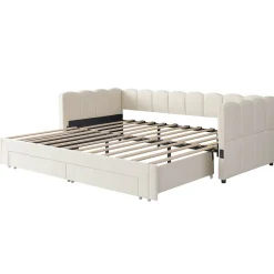 Canapé-lit capitonné 90x200cm - lit gigogne - 2 tiroirs - port USB - tissu chenille - beige (matelas non inclus)