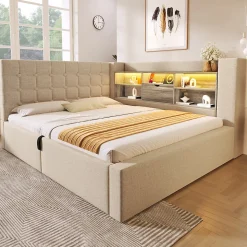 Canapé-lit coffre 140x190cm - avec LED et port de chargement - avec sommier à lattes - tissu de lin - beige (sans matelas)