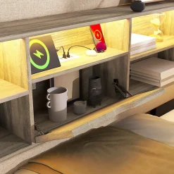 Canapé-lit coffre 140x190cm - avec LED et port de chargement - avec sommier à lattes - tissu de lin - beige (sans matelas)