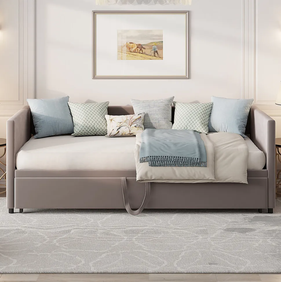 Canapé-lit convertible 90/180x200 cm en velours gris, design moderne, sommier à lattes inclus