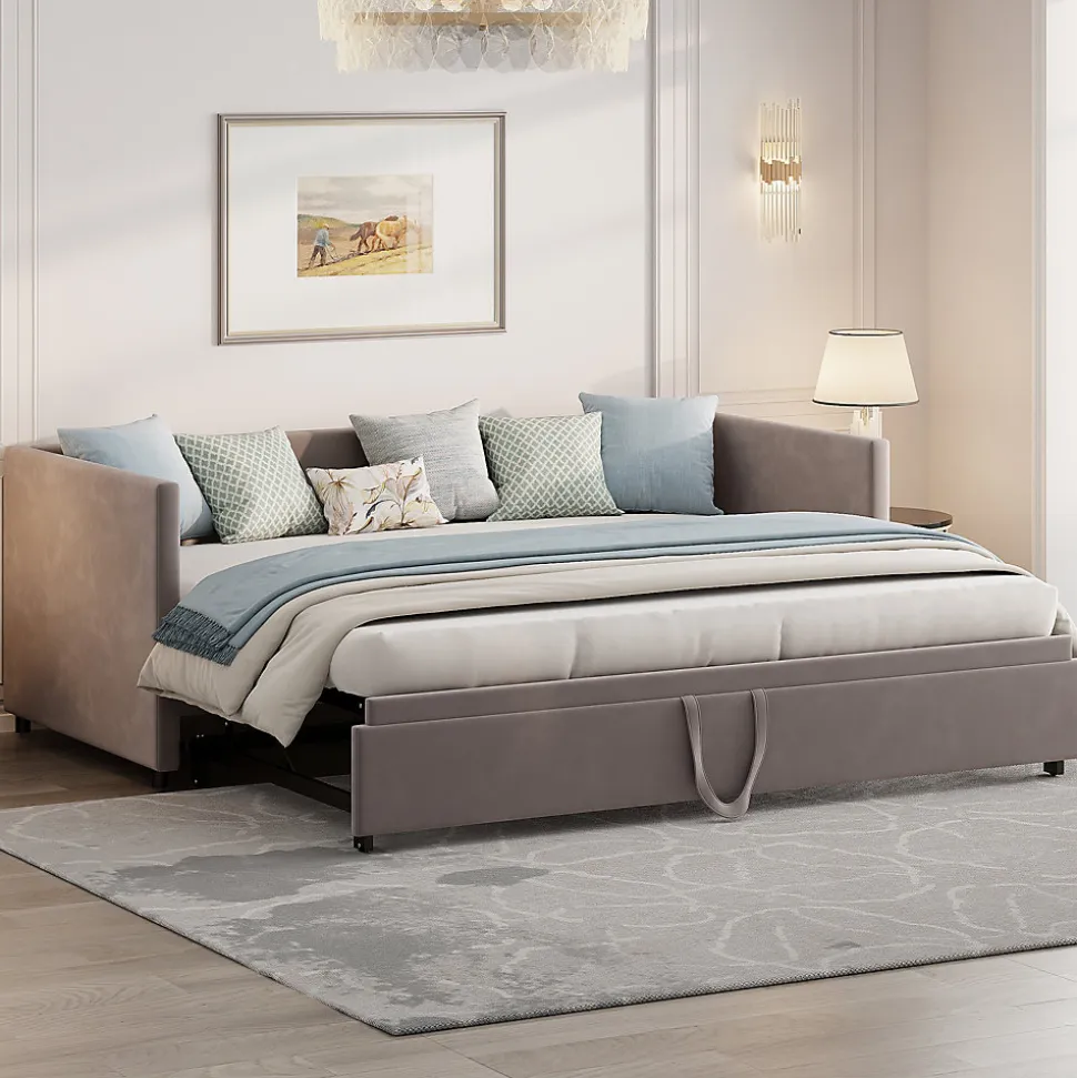 Canapé-lit convertible 90/180x200 cm en velours gris, design moderne, sommier à lattes inclus