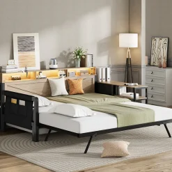 Canapé-lit en métal 90x200cm - Avec lit gigogne - 3 tiroirs et 3 étagères - LED et port USB - Noir (sans matelas)