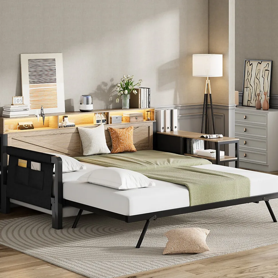 Canapé-lit en métal 90x200cm - Avec lit gigogne - 3 tiroirs et 3 étagères - LED et port USB - Noir (sans matelas)