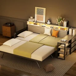 Canapé-lit en métal 90x200cm - Avec lit gigogne - 3 tiroirs et 3 étagères - LED et port USB - Noir (sans matelas)