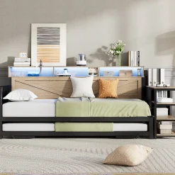 Canapé-lit en métal 90x200cm - Avec lit gigogne - 3 tiroirs et 3 étagères - LED et port USB - Noir (sans matelas)