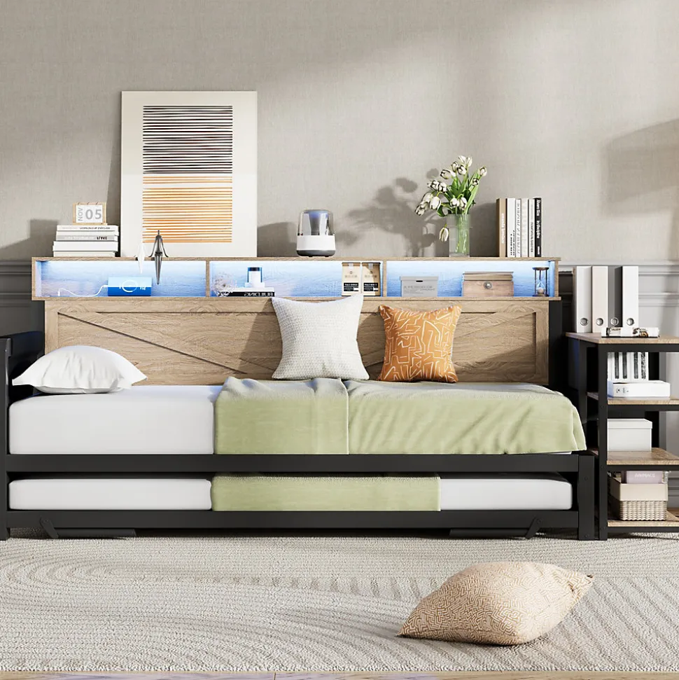 Canapé-lit en métal 90x200cm - Avec lit gigogne - 3 tiroirs et 3 étagères - LED et port USB - Noir (sans matelas)