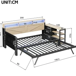 Canapé-lit en métal 90x200cm - Avec lit gigogne - 3 tiroirs et 3 étagères - LED et port USB - Noir (sans matelas)