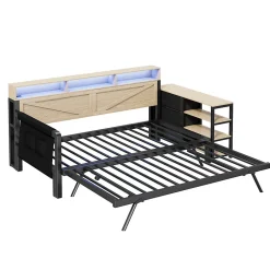 Canapé-lit en métal 90x200cm - Avec lit gigogne - 3 tiroirs et 3 étagères - LED et port USB - Noir (sans matelas)