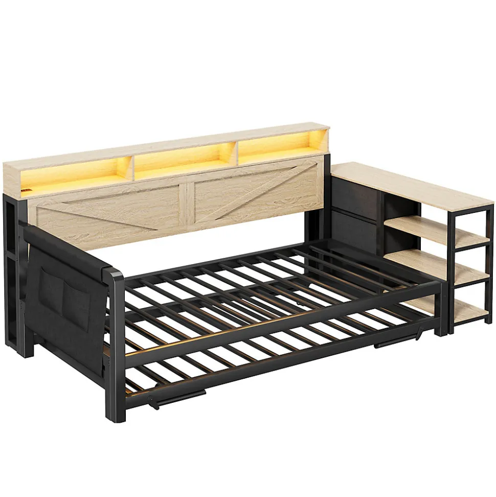 Canapé-lit en métal 90x200cm - Avec lit gigogne - 3 tiroirs et 3 étagères - LED et port USB - Noir (sans matelas)