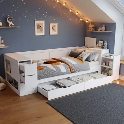 Canapé-lit enfant 90x190 cm - Avec tiroirs, étagères et espace de rangement - MDF - Blanc (sans matelas)
