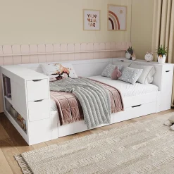 Canapé-lit enfant 90x190 cm - Avec tiroirs, étagères et espace de rangement - MDF - Blanc (sans matelas)
