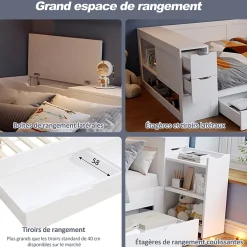 Canapé-lit enfant 140x190 cm - Avec tiroirs, étagères et espace de rangement - MDF - Blanc (sans matelas)