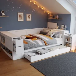 Canapé-lit enfant 140x190 cm - Avec tiroirs, étagères et espace de rangement - MDF - Blanc (sans matelas)