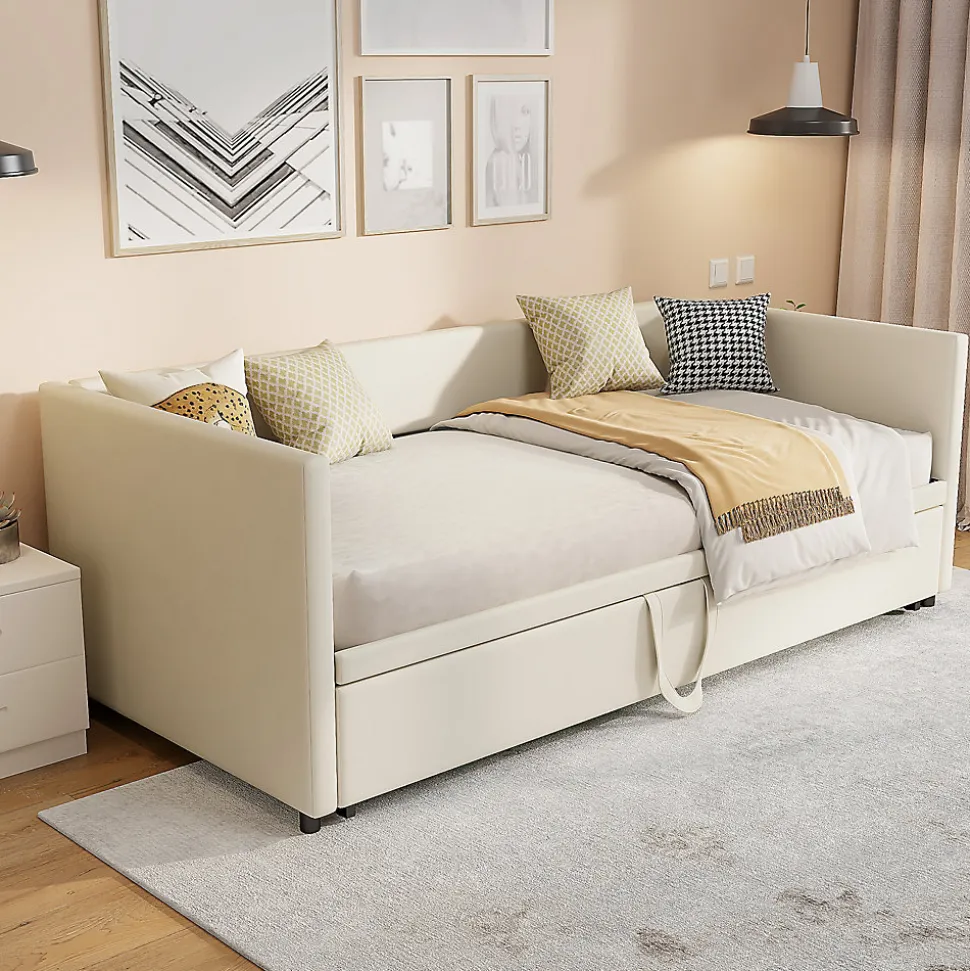 Canapé-lit Extensible 90/180 X 200 Cm Avec Sommier à Lattes,canapé Lit 2 Places,velours, Beige