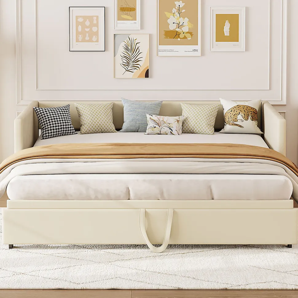 Canapé-lit Extensible 90/180 X 200 Cm Avec Sommier à Lattes,canapé Lit 2 Places,velours, Beige