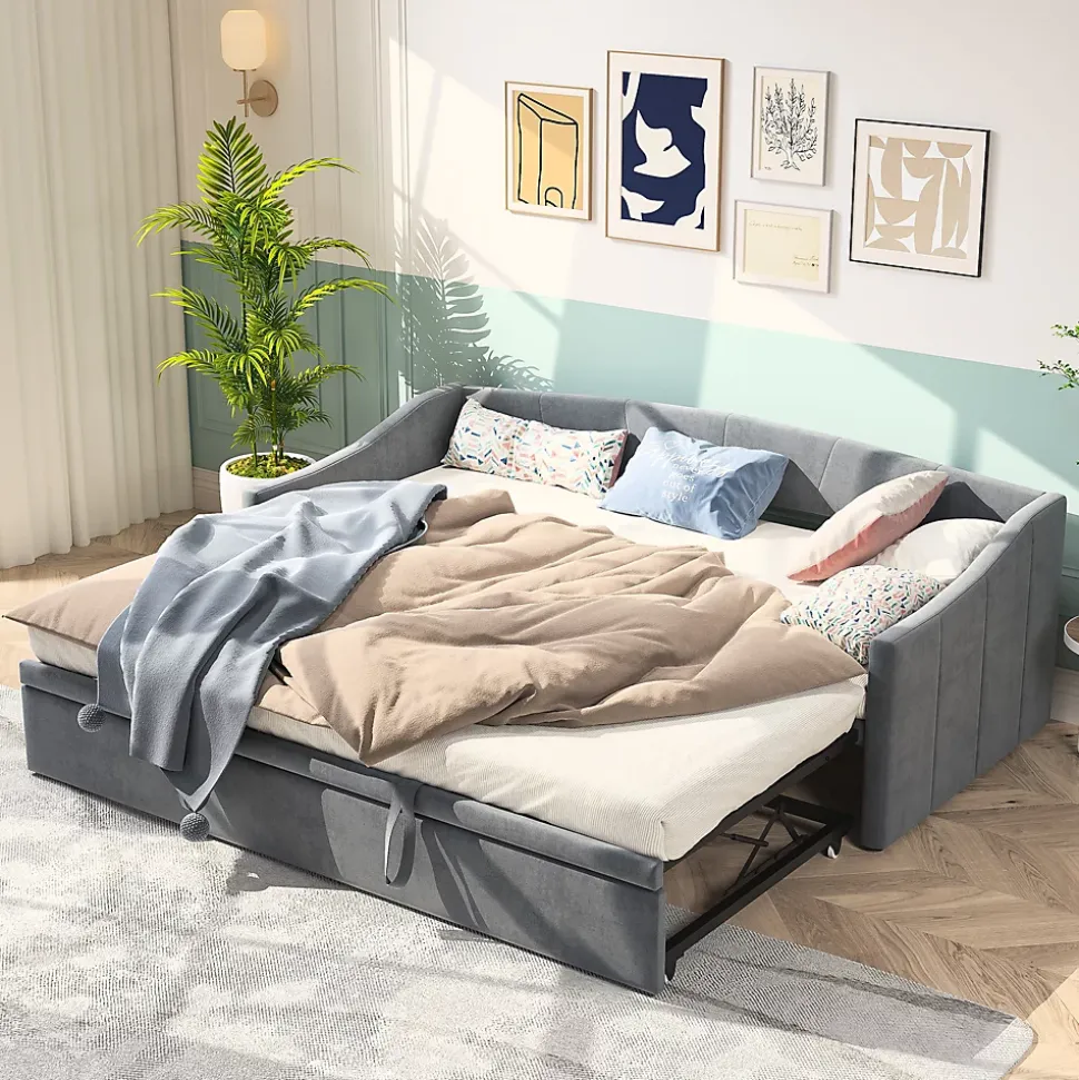 Canapé-lit, extensible, 140x 200 cm, avec sommier à lattes, tissu en velours, canapé-lit, sans matelas, gris foncé