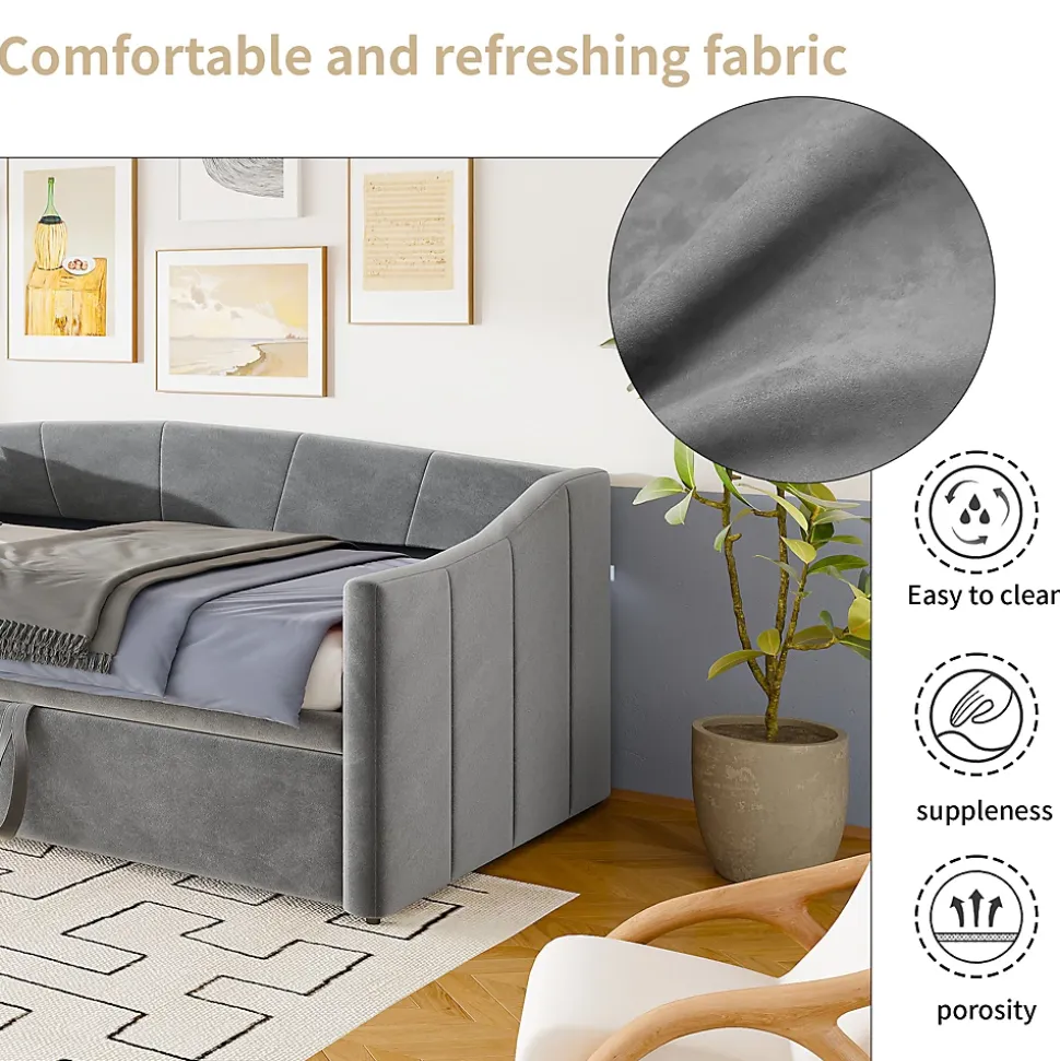 Canapé-lit, extensible, 140x 200 cm, avec sommier à lattes, tissu en velours, canapé-lit, sans matelas, gris foncé