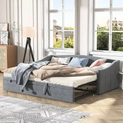 Canapé-lit, extensible, 140x 200 cm, avec sommier à lattes, tissu en velours, canapé-lit, sans matelas, gris foncé