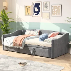 Canapé-lit, extensible, 140x 200 cm, avec sommier à lattes, tissu en velours, canapé-lit, sans matelas, gris foncé