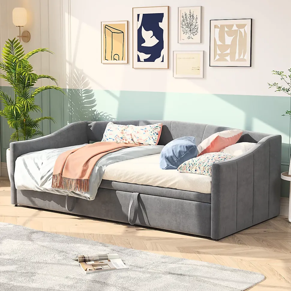 Canapé-lit, extensible, 140x 200 cm, avec sommier à lattes, tissu en velours, canapé-lit, sans matelas, gris foncé