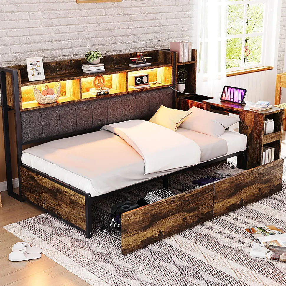 Canapé-lit fer 90x200 cm, rangement, LED, tiroirs, bureau coulissant - couleur bois