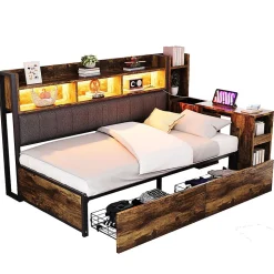 Canapé-lit fer 90x200 cm, rangement, LED, tiroirs, bureau coulissant - couleur bois