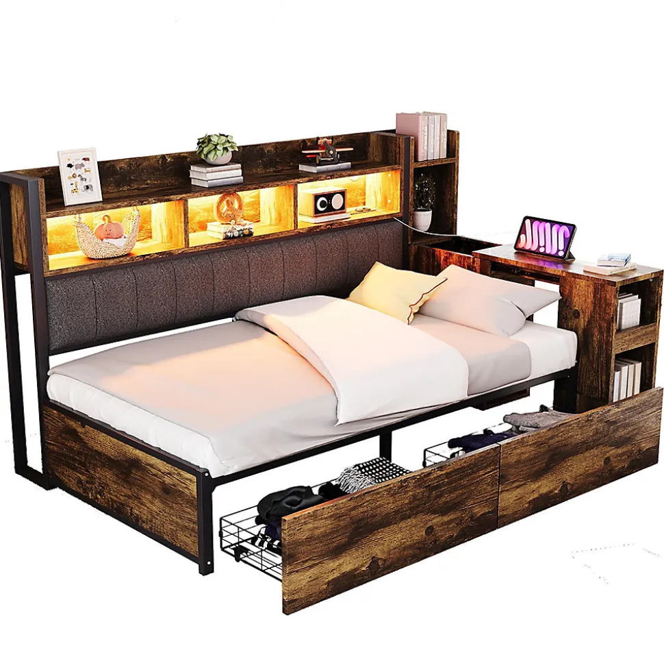 Canapé-lit fer 90x200 cm, rangement, LED, tiroirs, bureau coulissant - couleur bois