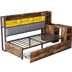 Canapé-lit fer 90x200 cm, rangement, LED, tiroirs, bureau coulissant - couleur bois