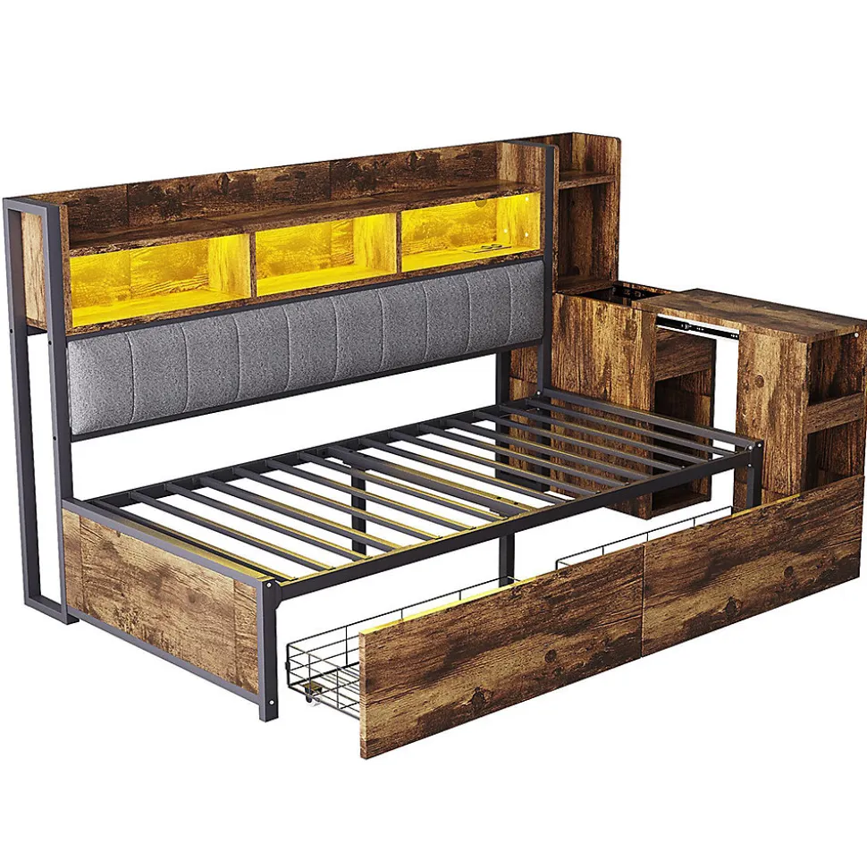 Canapé-lit fer 90x200 cm, rangement, LED, tiroirs, bureau coulissant - couleur bois