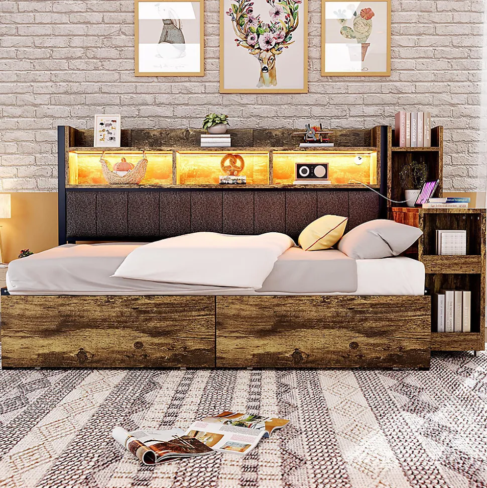 Canapé-lit fer 90x200 cm, rangement, LED, tiroirs, bureau coulissant - couleur bois