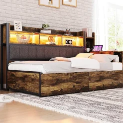 Canapé-lit fer 90x200 cm, rangement, LED, tiroirs, bureau coulissant - couleur bois