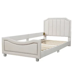 Canapé-lit rembourré 90 sur 200 cm lit modulable flanelle avec dossier et accoudoirs pour adultes ou invités beige