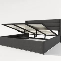 Canapé-lit 180x200 cm avec coffre de rangement hydraulique en tissu lin gris et tête de lit capitonnée