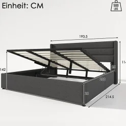 Canapé-lit 180x200 cm avec coffre de rangement hydraulique en tissu lin gris et tête de lit capitonnée