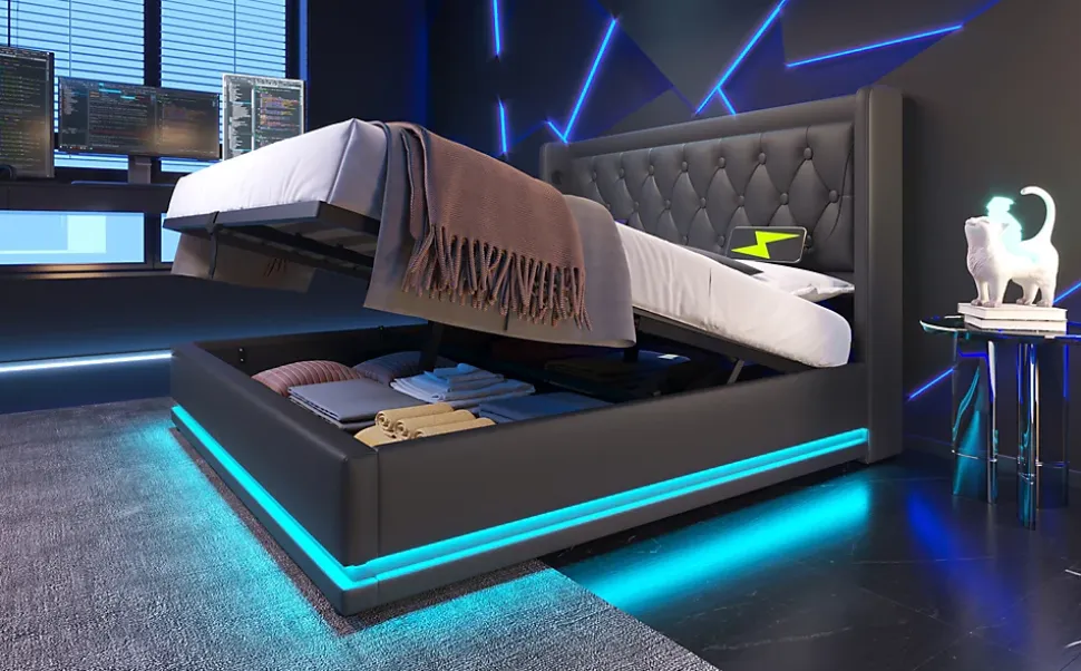 Canapé-lit 160x200 cm avec coffre de rangement hydraulique, LED 3 côtés et tête de lit en PU noir