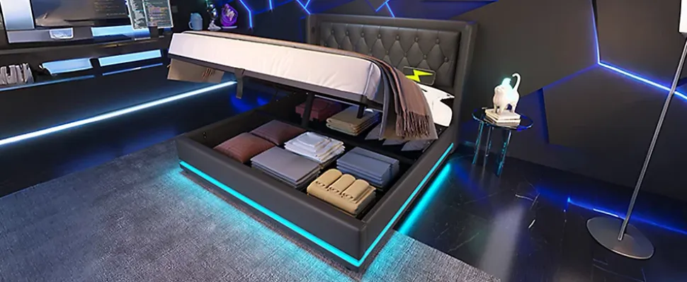 Canapé-lit 160x200 cm avec coffre de rangement hydraulique, LED 3 côtés et tête de lit en PU noir