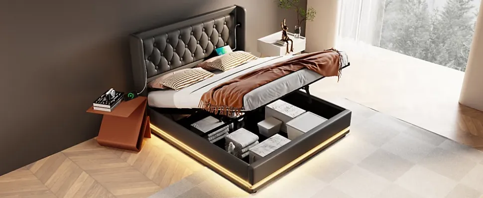 Canapé-lit 160x200 cm avec coffre de rangement hydraulique, LED 3 côtés et tête de lit en PU noir