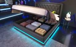 Canapé-lit 160x200 cm avec coffre de rangement hydraulique, LED 3 côtés et tête de lit en PU noir