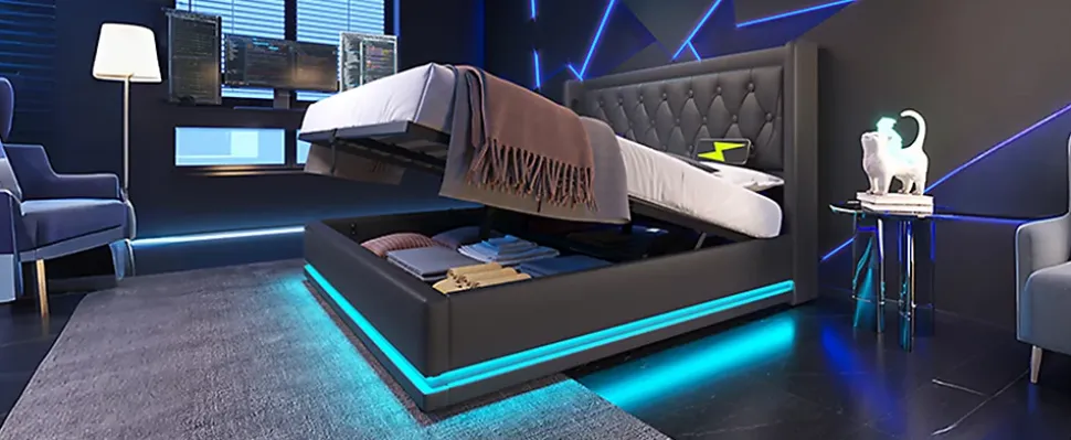 Canapé-lit 160x200 cm avec coffre de rangement hydraulique, LED 3 côtés et tête de lit en PU noir