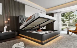 Canapé-lit 160x200 cm avec coffre de rangement hydraulique, LED 3 côtés et tête de lit en PU noir