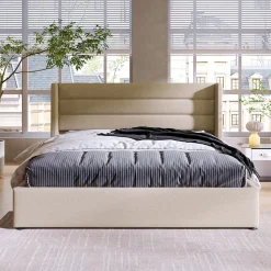 Canapé-lit 140x200 cm avec coffre hydraulique et tête de lit rembourrée en lin beige, design contemporain