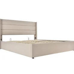 Canapé-lit 140x200 cm avec coffre hydraulique et tête de lit rembourrée en lin beige, design contemporain