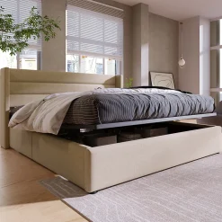 Canapé-lit 140x200 cm avec coffre hydraulique et tête de lit rembourrée en lin beige, design contemporain