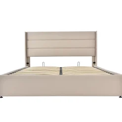 Canapé-lit 140x200 cm avec coffre hydraulique et tête de lit rembourrée en lin beige, design contemporain