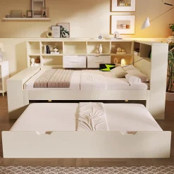 Canapé-lit 90x190 cm avec lit gigogne - USB/Type-C - rangement - bois massif + panneaux - blanc (sans matelas)