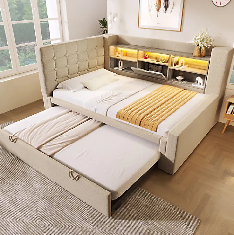 Canapé-lit 90x200 cm avec lit gigogne - LED + rangement - USB - tissu lin - beige (sans matelas)