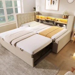 Canapé-lit 90x200 cm avec lit gigogne - LED + rangement - USB - tissu lin - beige (sans matelas)