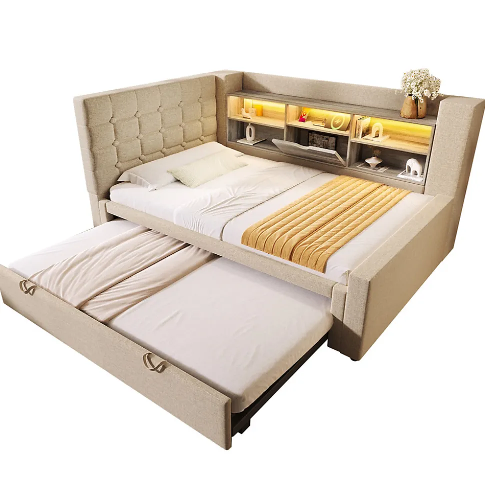 Canapé-lit 90x200 cm avec lit gigogne - LED + rangement - USB - tissu lin - beige (sans matelas)